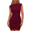 imageBTFBM Women Bodycon Mini Dress Summer 2025 High Neck Sleeveless Ruched Date Night Outfits Club Party Cocktail DressesWine Red