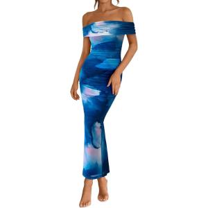 imageBTFBM Off Shoulder Bodycon Dresses for Women 2025 Summer Ruched Split Mesh Cocktail Party Club Floral Maxi DressFloral Dark Blue