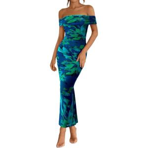imageBTFBM Off Shoulder Bodycon Dresses for Women 2025 Summer Ruched Split Mesh Cocktail Party Club Floral Maxi DressFloral Green