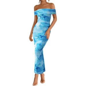 imageBTFBM Off Shoulder Bodycon Dresses for Women 2025 Summer Ruched Split Mesh Cocktail Party Club Floral Maxi DressFloral Light Blue