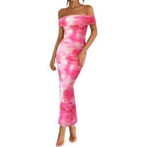 imageBTFBM Off Shoulder Bodycon Dresses for Women 2025 Summer Ruched Split Mesh Cocktail Party Club Floral Maxi DressFloral Pink