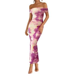 imageBTFBM Off Shoulder Bodycon Dresses for Women 2025 Summer Ruched Split Mesh Cocktail Party Club Floral Maxi DressFloral Purple