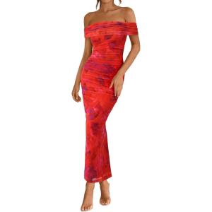imageBTFBM Off Shoulder Bodycon Dresses for Women 2025 Summer Ruched Split Mesh Cocktail Party Club Floral Maxi DressFloral Rust Red