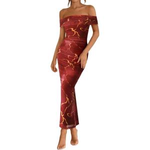imageBTFBM Off Shoulder Bodycon Dresses for Women 2025 Summer Ruched Split Mesh Cocktail Party Club Floral Maxi DressFloral Wine Red