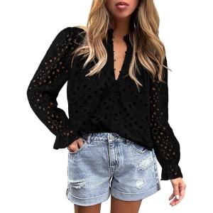 imageBTFBM Women Hollow Out Fall Tops 2025 Lace Eyelet Buttons V Neck Long Sleeve Embroidery Boho Dressy Casual Blouse ShirtsBlack