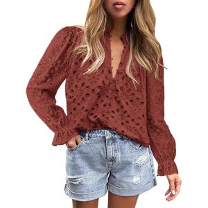 imageBTFBM Women Hollow Out Fall Tops 2025 Lace Eyelet Buttons V Neck Long Sleeve Embroidery Boho Dressy Casual Blouse ShirtsBrick Red