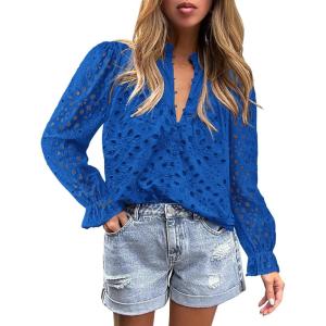 imageBTFBM Women Hollow Out Fall Tops 2025 Lace Eyelet Buttons V Neck Long Sleeve Embroidery Boho Dressy Casual Blouse ShirtsBrilliant Blue
