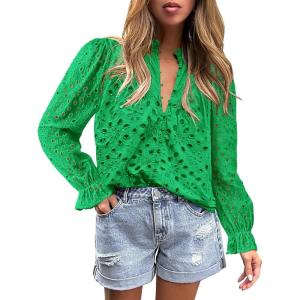 imageBTFBM Women Hollow Out Fall Tops 2025 Lace Eyelet Buttons V Neck Long Sleeve Embroidery Boho Dressy Casual Blouse ShirtsBrilliant Green