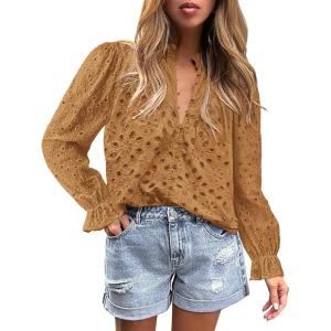 imageBTFBM Women Hollow Out Fall Tops 2025 Lace Eyelet Buttons V Neck Long Sleeve Embroidery Boho Dressy Casual Blouse ShirtsKhaki