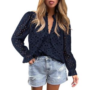 imageBTFBM Women Hollow Out Fall Tops 2025 Lace Eyelet Buttons V Neck Long Sleeve Embroidery Boho Dressy Casual Blouse ShirtsNavy