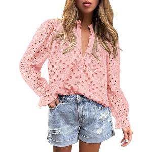 imageBTFBM Women Hollow Out Fall Tops 2025 Lace Eyelet Buttons V Neck Long Sleeve Embroidery Boho Dressy Casual Blouse ShirtsPink
