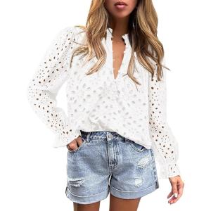 imageBTFBM Women Hollow Out Fall Tops 2025 Lace Eyelet Buttons V Neck Long Sleeve Embroidery Boho Dressy Casual Blouse ShirtsWhite
