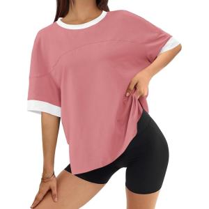 imageBTFBM Womens Oversized T Shirts Dressy Casual Short Sleeve Summer Tops Crew Neck Color Block Blouse Loose Fit Basic TeePink