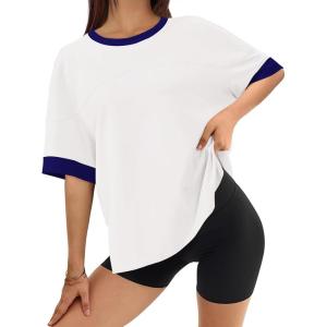 imageBTFBM Womens Oversized T Shirts Dressy Casual Short Sleeve Summer Tops Crew Neck Color Block Blouse Loose Fit Basic TeeWhite