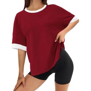 imageBTFBM Womens Oversized T Shirts Dressy Casual Short Sleeve Summer Tops Crew Neck Color Block Blouse Loose Fit Basic TeeWine Red