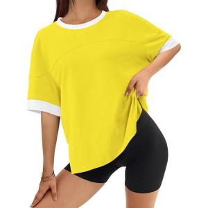 imageBTFBM Womens Oversized T Shirts Dressy Casual Short Sleeve Summer Tops Crew Neck Color Block Blouse Loose Fit Basic TeeYellow