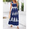 imageBTFBM Summer Dresses for Women 2025 Floral Smocked Boho Sleeveless Square Neck A Line Casual Beach Maxi Dress PocketsDark Blue White Flower