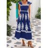 imageBTFBM Summer Dresses for Women 2025 Floral Smocked Boho Sleeveless Square Neck A Line Casual Beach Maxi Dress PocketsDark Blue White Flower