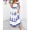 imageBTFBM Summer Dresses for Women 2025 Floral Smocked Boho Sleeveless Square Neck A Line Casual Beach Maxi Dress PocketsWhite Blue Flower