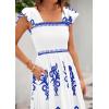 imageBTFBM Summer Dresses for Women 2025 Floral Smocked Boho Sleeveless Square Neck A Line Casual Beach Maxi Dress PocketsWhite Blue Flower