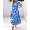 imageBTFBM Women Summer Floral Maxi Dresses Casual Boho Puff Short Sleeve V Neck Button Belt Flowy Long Beach Vacation DressFloral Blue Purple White