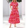 imageBTFBM Women Summer Floral Maxi Dresses Casual Boho Puff Short Sleeve V Neck Button Belt Flowy Long Beach Vacation DressFloral Orange Pink White