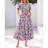 imageBTFBM Women Summer Floral Maxi Dresses Casual Boho Puff Short Sleeve V Neck Button Belt Flowy Long Beach Vacation DressFloral Red Blue