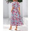 imageBTFBM Women Summer Floral Maxi Dresses Casual Boho Puff Short Sleeve V Neck Button Belt Flowy Long Beach Vacation DressFloral Red Blue