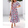 imageBTFBM Women Summer Floral Maxi Dresses Casual Boho Puff Short Sleeve V Neck Button Belt Flowy Long Beach Vacation DressFloral Red Blue