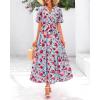 imageBTFBM Women Summer Floral Maxi Dresses Casual Boho Puff Short Sleeve V Neck Button Belt Flowy Long Beach Vacation DressFloral Red Blue