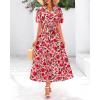 imageBTFBM Women Summer Floral Maxi Dresses Casual Boho Puff Short Sleeve V Neck Button Belt Flowy Long Beach Vacation DressFloral Red Orange Pink