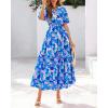 imageBTFBM Women Summer Floral Midi Dresses Casual Boho Puff Short Sleeve V Neck Button Belt Flowy Maxi Beach Vacation DressFloral Blue Purple White