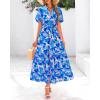 imageBTFBM Women Summer Floral Midi Dresses Casual Boho Puff Short Sleeve V Neck Button Belt Flowy Maxi Beach Vacation DressFloral Blue Purple White