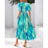 imageBTFBM Women Summer Floral Midi Dresses Casual Boho Puff Short Sleeve V Neck Button Belt Flowy Maxi Beach Vacation DressFloral Light Green White