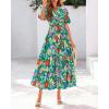 imageBTFBM Women Summer Floral Midi Dresses Casual Boho Puff Short Sleeve V Neck Button Belt Flowy Maxi Beach Vacation DressFloral Orange Green