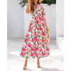 imageBTFBM Women Summer Floral Midi Dresses Casual Boho Puff Short Sleeve V Neck Button Belt Flowy Maxi Beach Vacation DressFloral Pink Green