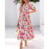 imageBTFBM Women Summer Floral Midi Dresses Casual Boho Puff Short Sleeve V Neck Button Belt Flowy Maxi Beach Vacation DressFloral Pink Green