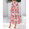 imageBTFBM Women Summer Floral Midi Dresses Casual Boho Puff Short Sleeve V Neck Button Belt Flowy Maxi Beach Vacation DressFloral Pink Green