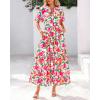 imageBTFBM Women Summer Floral Midi Dresses Casual Boho Puff Short Sleeve V Neck Button Belt Flowy Maxi Beach Vacation DressFloral Pink Green