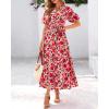 imageBTFBM Women Summer Floral Midi Dresses Casual Boho Puff Short Sleeve V Neck Button Belt Flowy Maxi Beach Vacation DressFloral Red Orange Pink