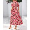 imageBTFBM Women Summer Floral Midi Dresses Casual Boho Puff Short Sleeve V Neck Button Belt Flowy Maxi Beach Vacation DressFloral Red Orange Pink