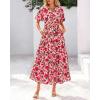 imageBTFBM Women Summer Floral Midi Dresses Casual Boho Puff Short Sleeve V Neck Button Belt Flowy Maxi Beach Vacation DressFloral Red Orange Pink
