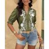imageBTFBM Womens 2025 Summer Tops Casual Floral Boho V Neck Puff Short Sleeve Button Down Shirts Embroidered Blouses TunicFloral Army Green White