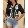 imageBTFBM Womens 2025 Summer Tops Casual Floral Boho V Neck Puff Short Sleeve Button Down Shirts Embroidered Blouses TunicFloral Black White