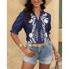 imageBTFBM Womens 2025 Summer Tops Casual Floral Boho V Neck Puff Short Sleeve Button Down Shirts Embroidered Blouses TunicFloral Navy White