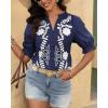 imageBTFBM Womens 2025 Summer Tops Casual Floral Boho V Neck Puff Short Sleeve Button Down Shirts Embroidered Blouses TunicFloral Navy White