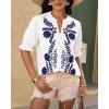 imageBTFBM Womens 2025 Summer Tops Casual Floral Boho V Neck Puff Short Sleeve Button Down Shirts Embroidered Blouses TunicFloral White Blue