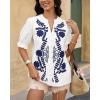 imageBTFBM Womens 2025 Summer Tops Casual Floral Boho V Neck Puff Short Sleeve Button Down Shirts Embroidered Blouses TunicFloral White Blue