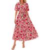 imageBTFBM Women Summer Floral Midi Dresses Casual Boho Puff Short Sleeve V Neck Button Belt Flowy Maxi Beach Vacation DressFloral Red Orange Pink