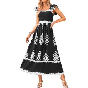 imageBTFBM Summer Dresses for Women 2025 Floral Smocked Boho Sleeveless Square Neck A Line Casual Beach Maxi Dress PocketsBlack White Flower